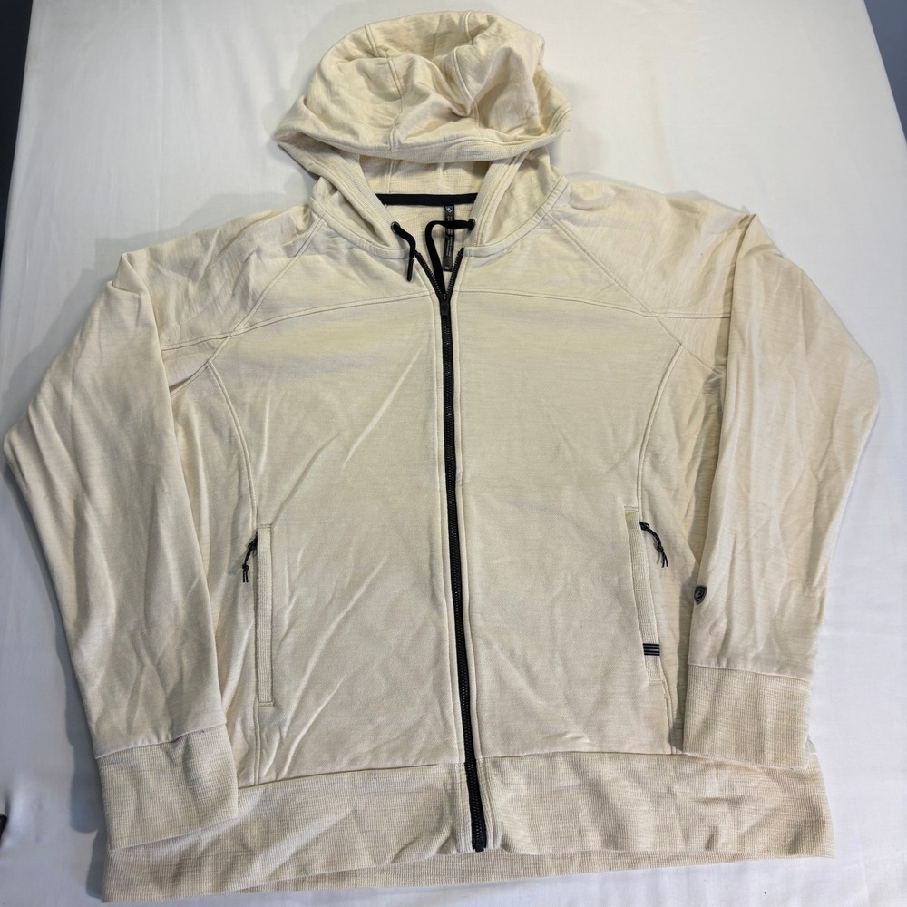 Kuhl Mens XL Cream Waffle Knit Thermal Full Zip Hoodie Jacket Oatmeal Raglan
